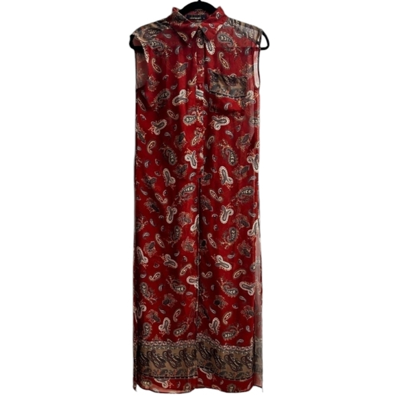 Oober Swank Duster Top Deep Red Sheer Paisley Layering Split - Size Small - Picture 1 of 11